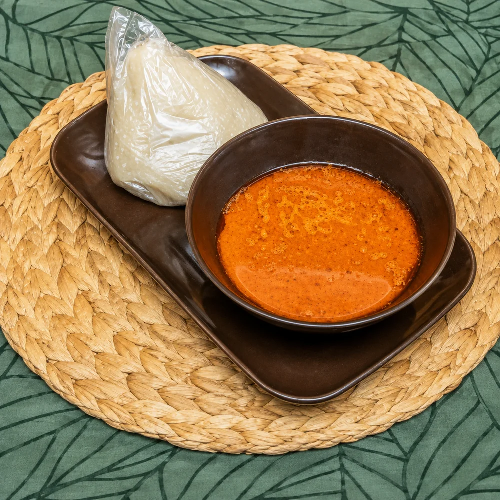Bowl of Hajia 1 light soup on a brown tray beside a wrap of soft white banku